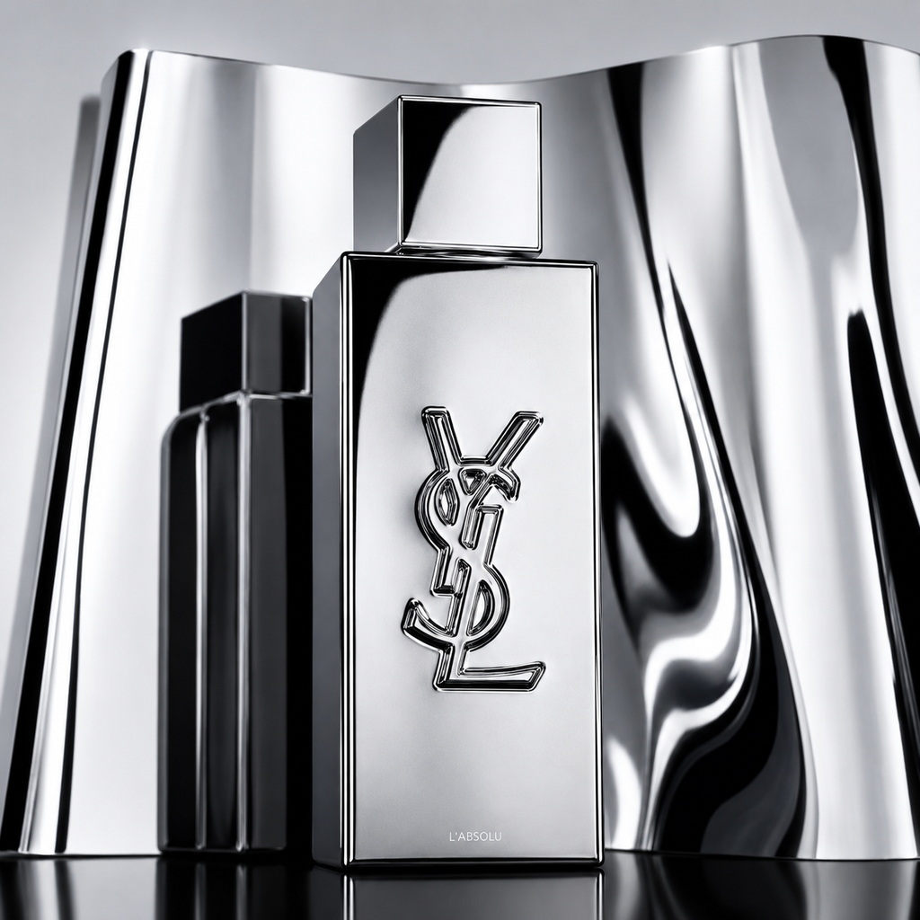 A metallic silver Yves Saint Laurent La Nuit perfume bottle with the interlocking YSL logo, displayed against a reflective, wavy silver background.