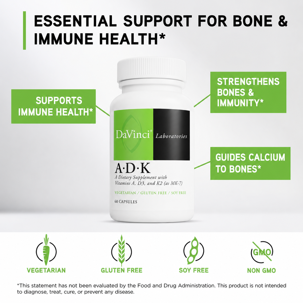 DaVinci Laboratories ADK 10 – Vitamins A, D3 & K2 (MK-7) Supplement | 60 Capsules