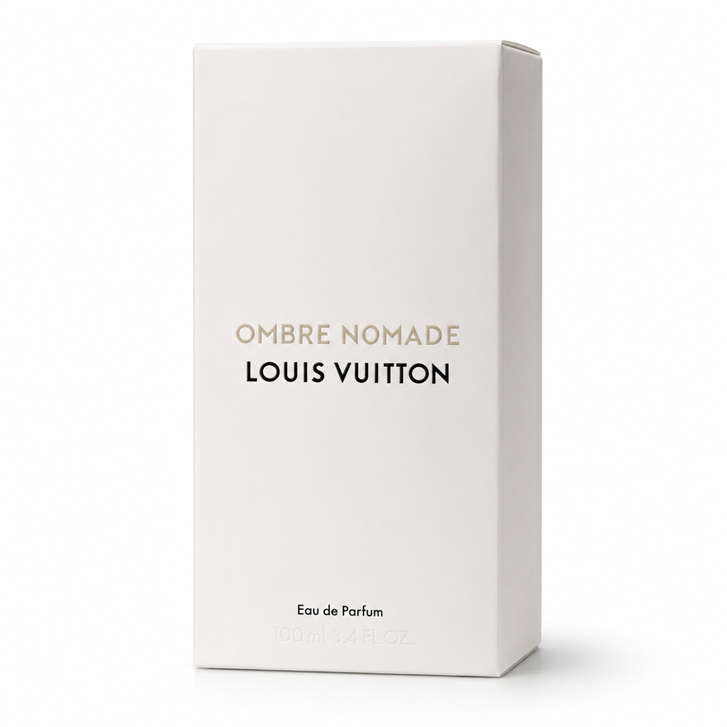 Louis Vuitton Ombre Nomade Eau de Parfum box in white, featuring gold and black lettering on a clean white background.