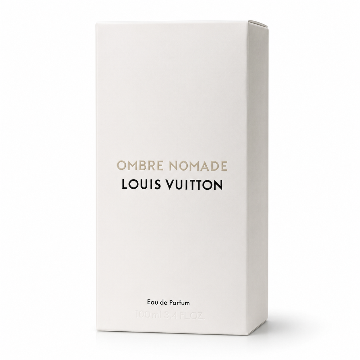 Louis Vuitton Ombre Nomade Eau de Parfum box in white, featuring gold and black lettering on a clean white background.