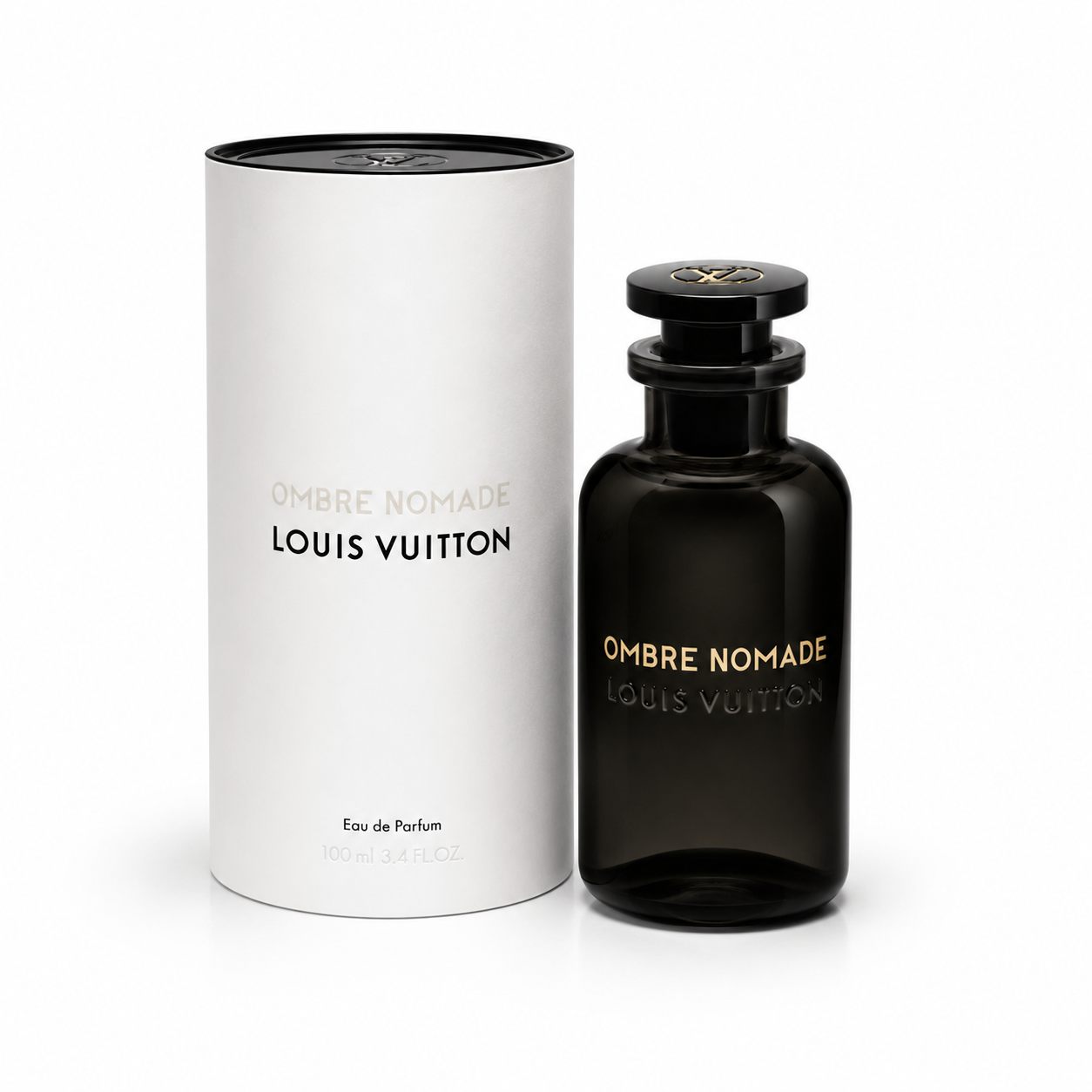 Louis Vuitton Ombre Nomade Eau de Parfum shown with its white cylindrical packaging box and a dark amber glass spray bottle on a clean white background.