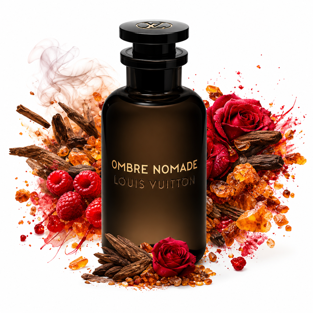 Louis Vuitton Ombre Nomade perfume bottle in a dark amber glass with a black cap, surrounded by artistic botanical elements including red roses, raspberries, cinnamon sticks, and orange resin splatters on a white background.