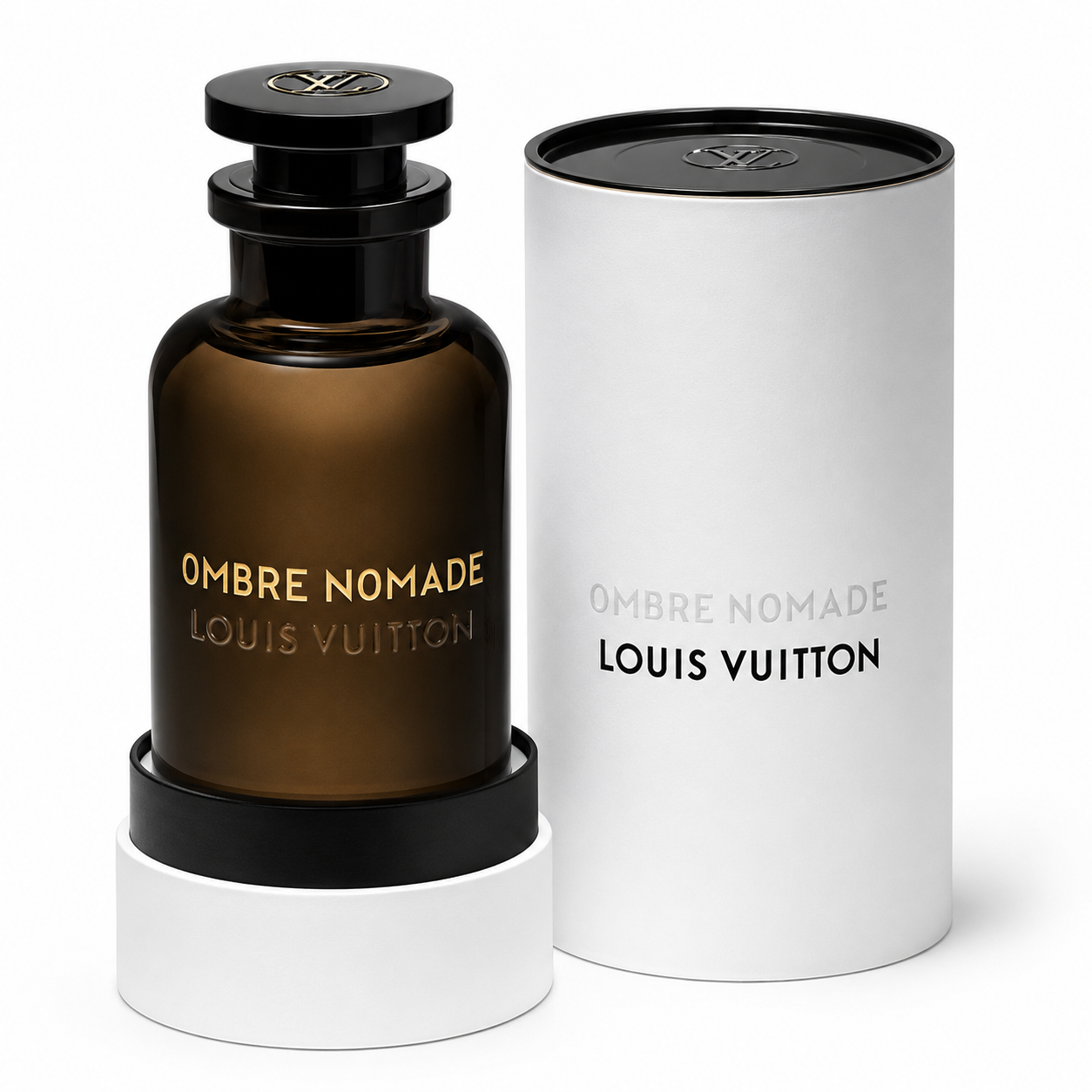 Louis Vuitton Ombre Nomade perfume bottle in amber glass with a black cap, displayed next to its white cylindrical packaging box on a clean white background.