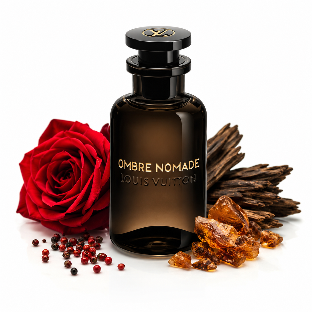 Louis Vuitton Ombre Nomade perfume bottle in dark amber glass with gold lettering, styled with a red rose, amber resin, and cinnamon sticks on a white background.