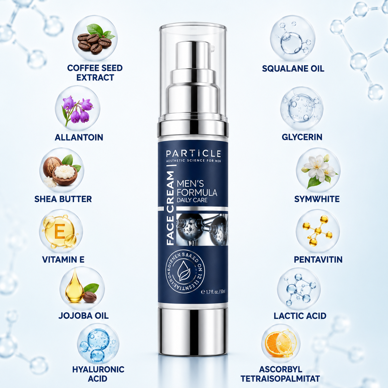 Men's face cream with ingredients listed