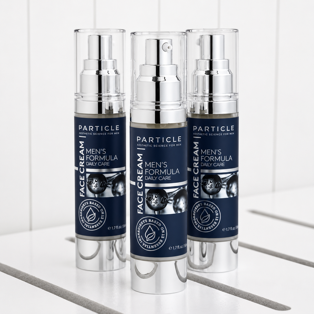 Three bottles of Particle Men's Formula Face Cream