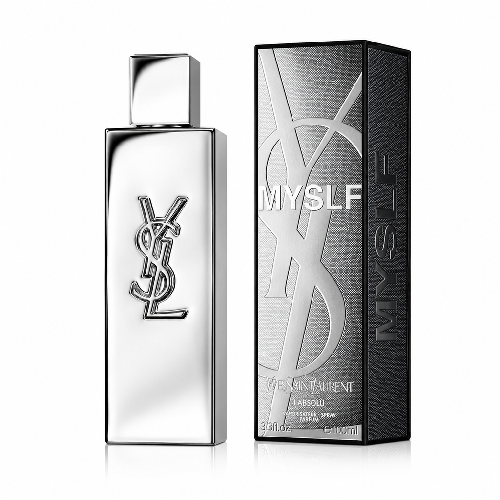YSL MYSLF Eau de Parfum bottle in polished silver next to its black packaging box with silver lettering, on a white background.