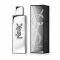 YSL MYSLF Eau de Parfum bottle in polished silver next to its black packaging box with silver lettering, on a white background.