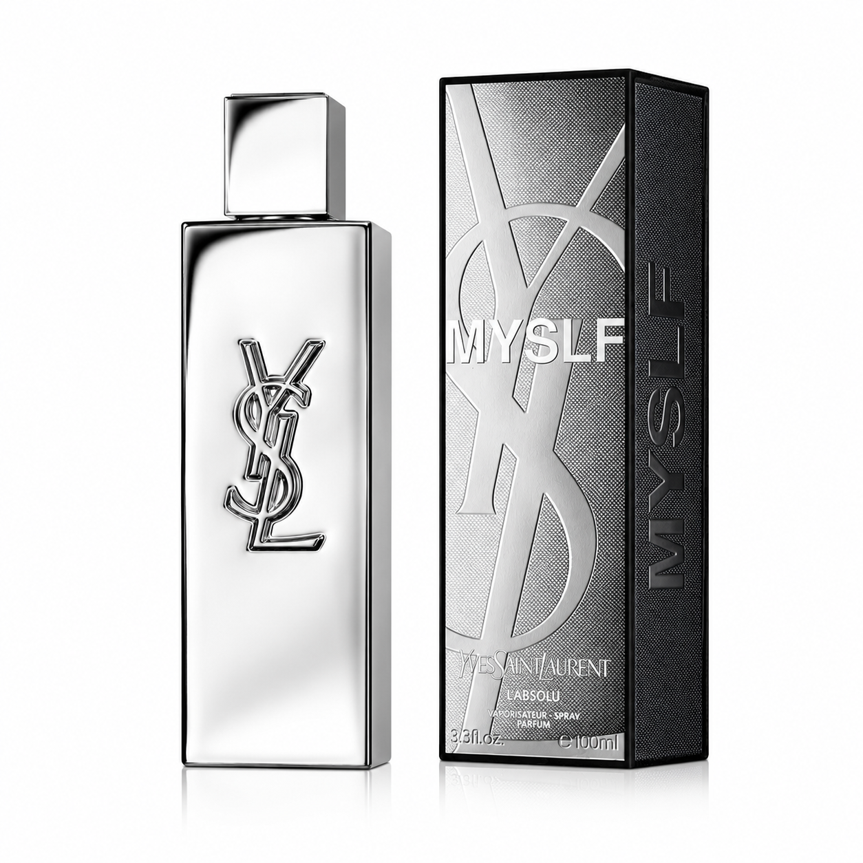YSL MYSLF Eau de Parfum bottle in polished silver next to its black packaging box with silver lettering, on a white background.