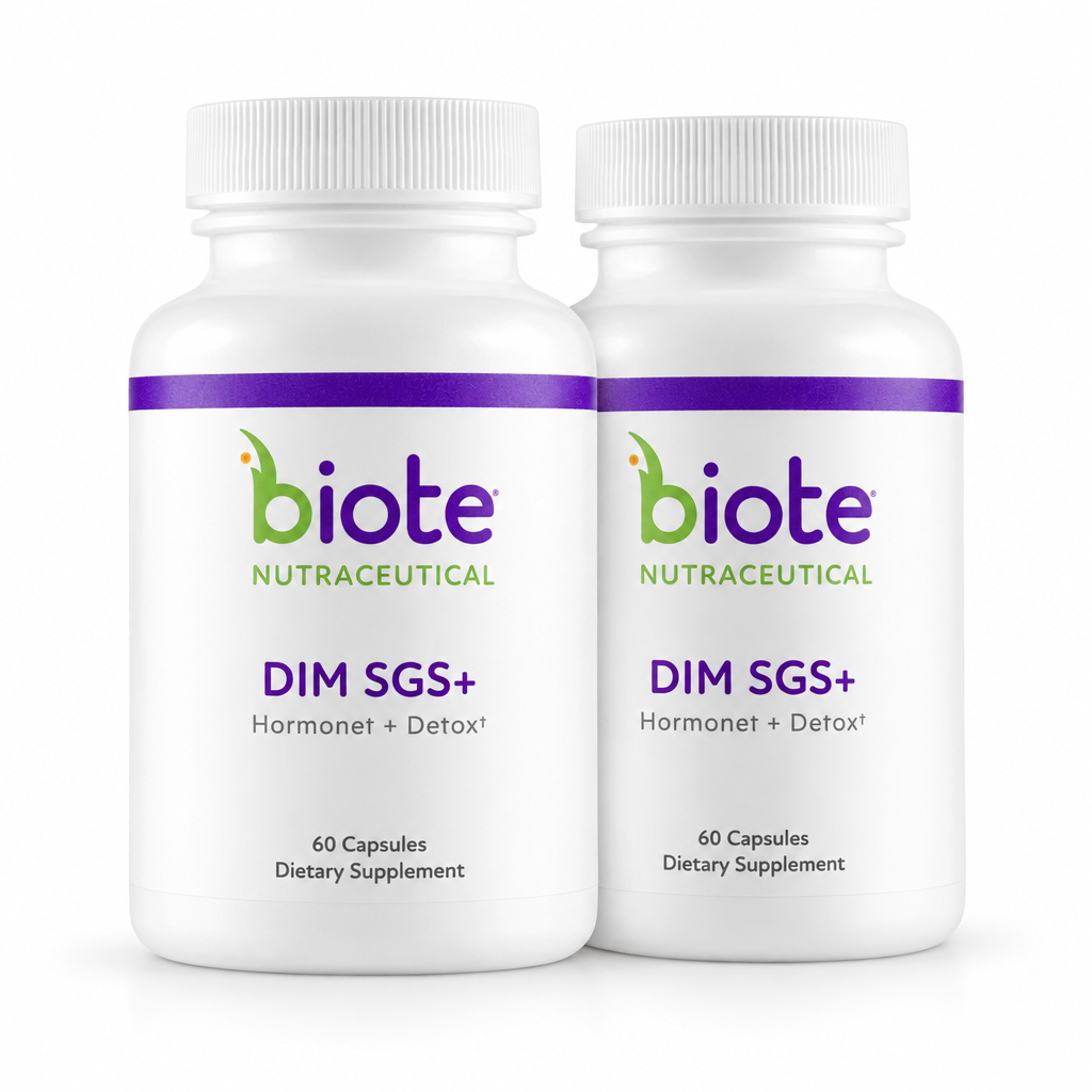 Two BIOTE DIM SGS+ Hormone + Detox 60-capsule bottles
